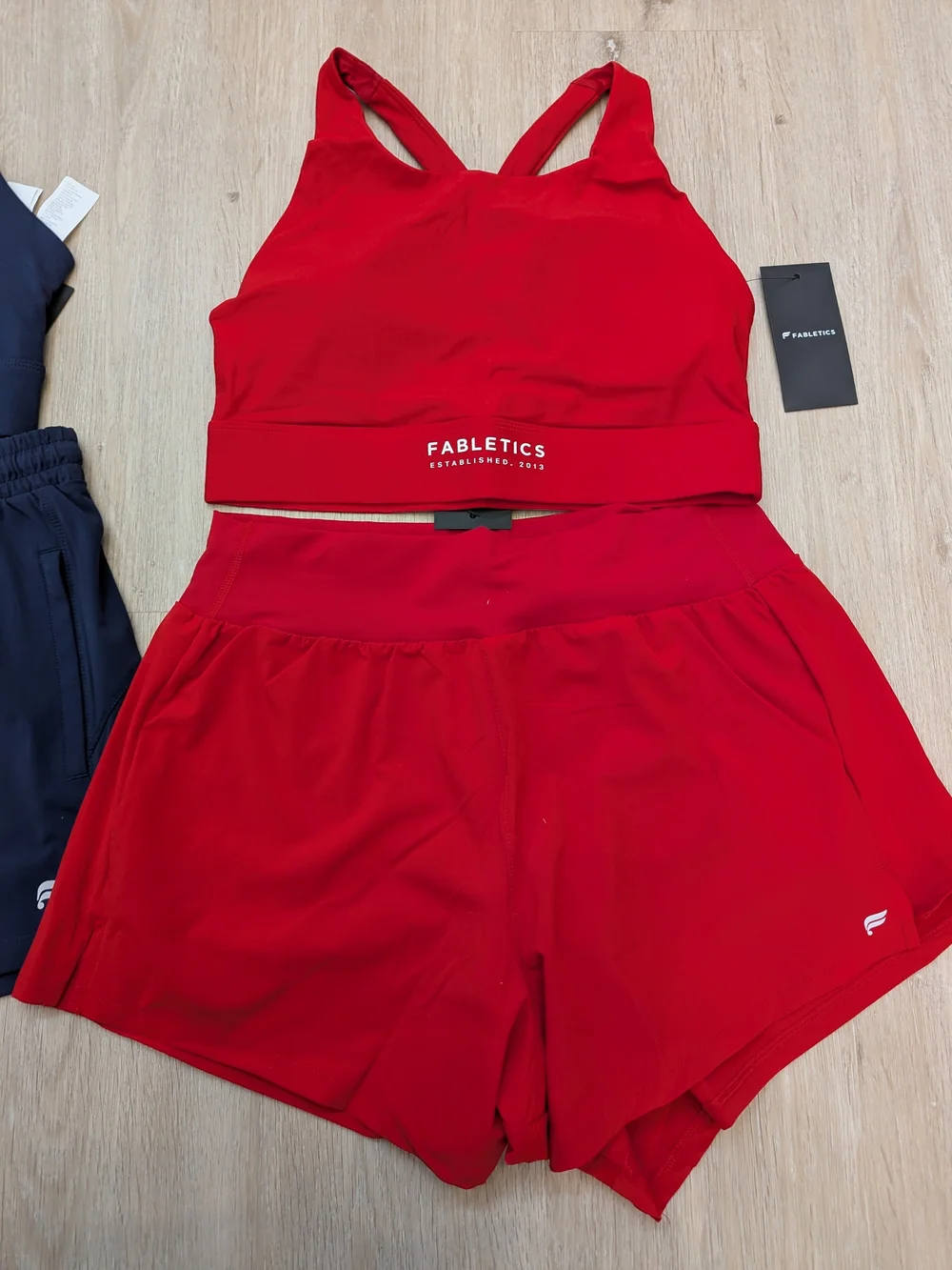 Fabletics Women's Red And Blue Performance Sports Bra & Shorts Sets Size MEDIUM
